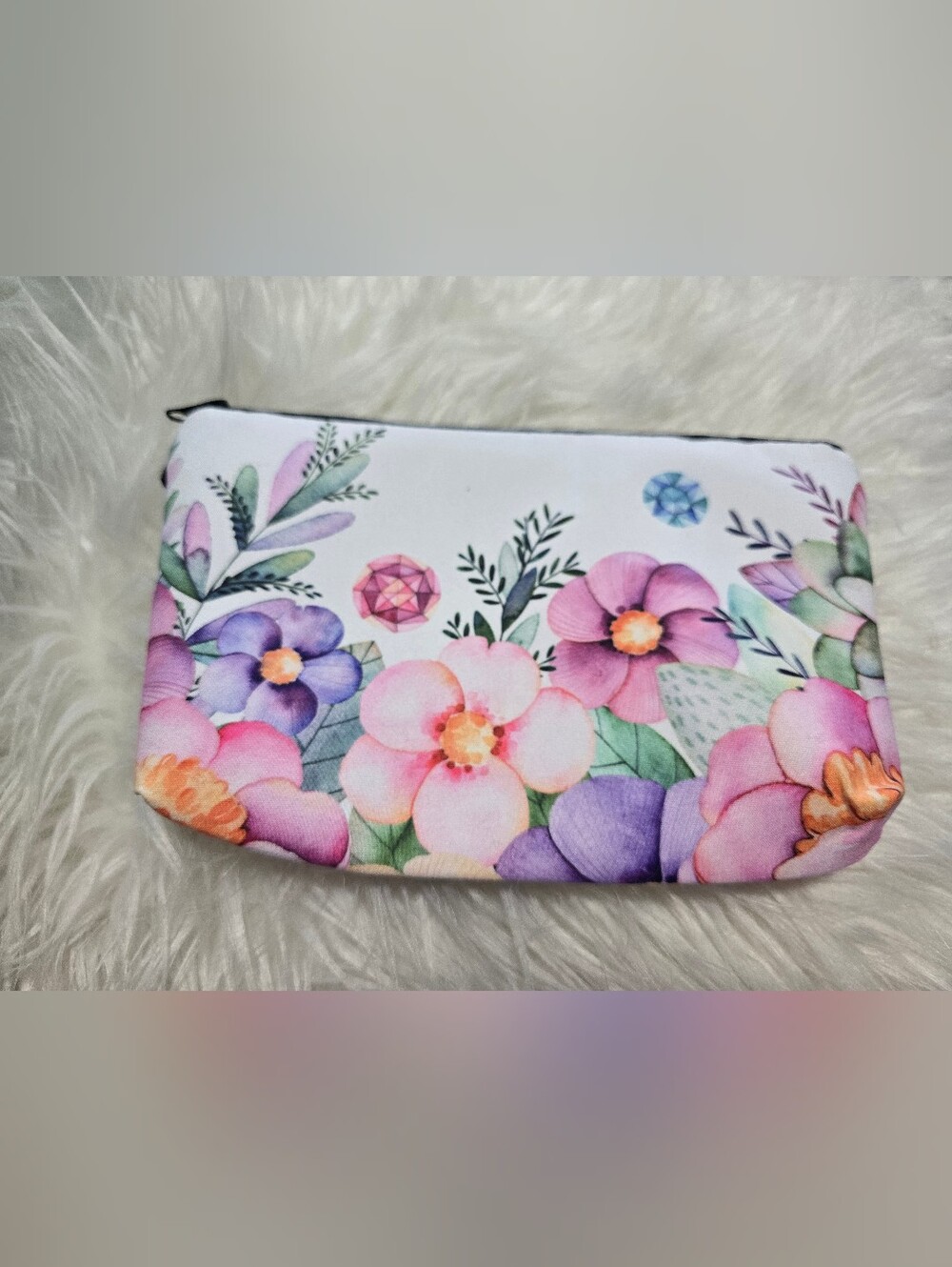 🏵️🌸🪻NWT Floral & Crystal Watercolor Makeup Pouch Zipper Clutch.